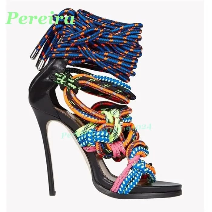 Sandales multicolores à lacets en corde tressée, en cuir noir, à bout ouvert, avec talon aiguille fi