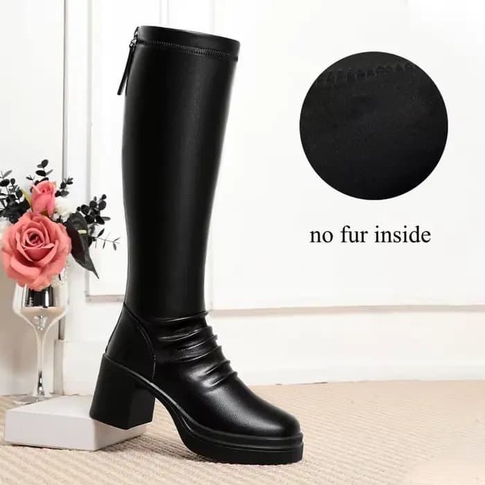 Bottes en cuir à talon carré confortable de 7 cm pour femme, élégantes, chaudes, noires, longues jus