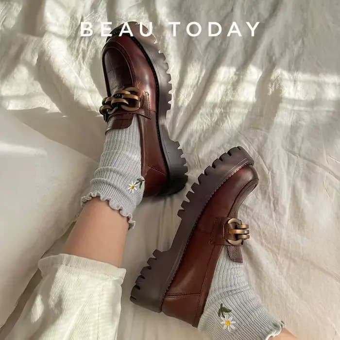 BeauToday-Mocassins épais en cuir véritable pour femme, chaussures à plateforme ronde en métal JOSli
