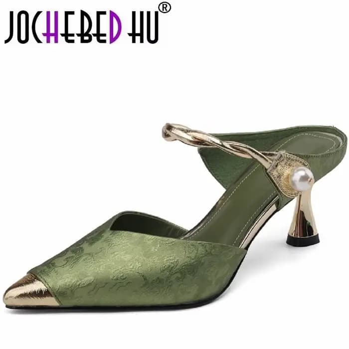 【JOCHEBED HU】 Sandales slingback en cuir véritable à bout pointu, à bout enveloppé, avec boucle à la
