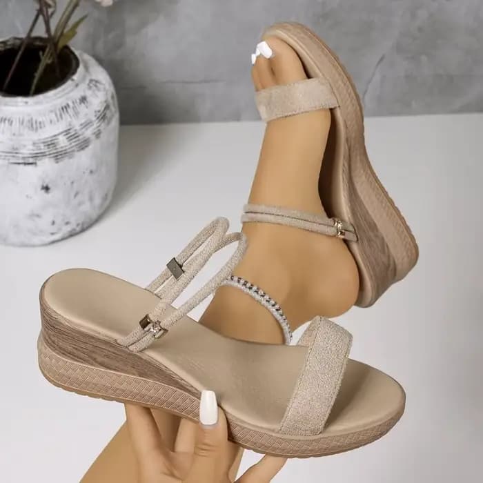 Sandales compensées en daim à double bride pour femme, confortables, avec soutien de la voûte planta