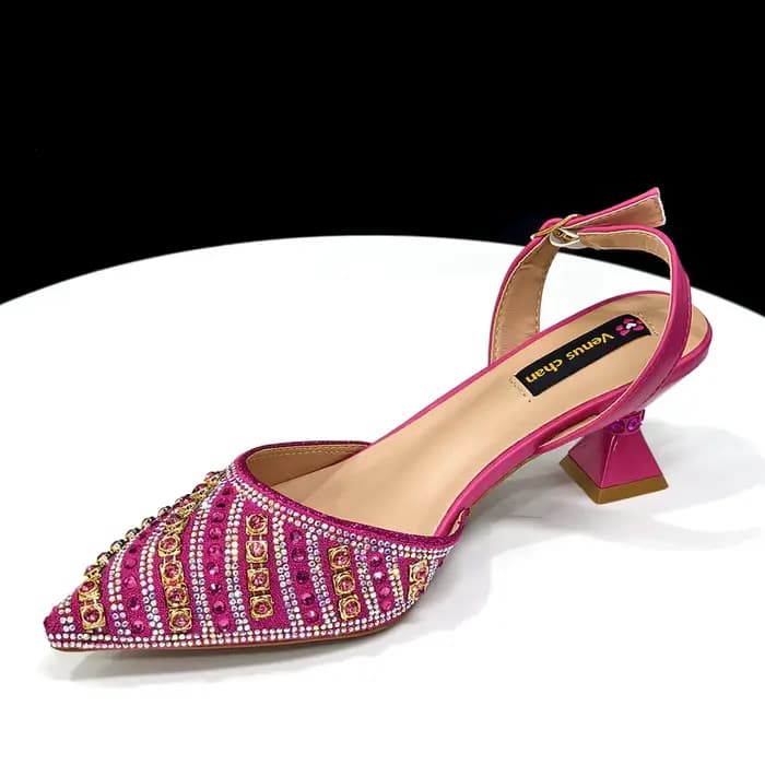 2025 brillant mode italienne bout pointu femmes talon mode strass décoration couleur Fuchsia chaussu