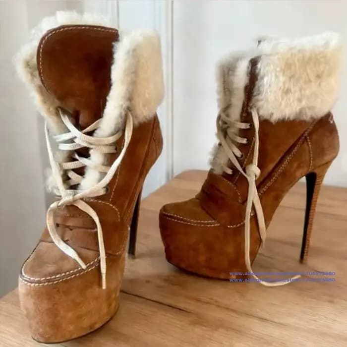 Bottines à talons aiguilles en daim marron pour femmes, chaussures à plateforme et bout rond, chauss