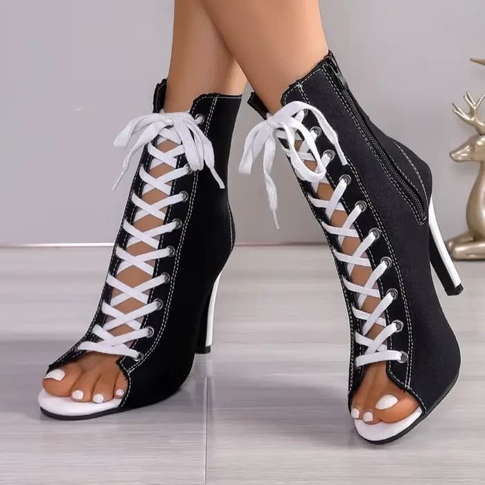 Bottines à plateforme en toile de qualité, sexy, à talon haut, à lacets et fermeture éclair, style s