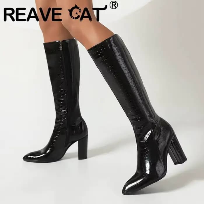 REAVE CAT bottes hautes pour femmes 34 cm bout pointu talon bloc 8.5 cm 46 47 48 chaussons concis S4
