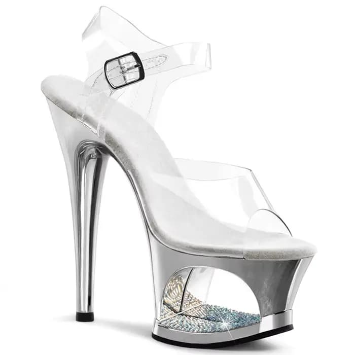 MCLUBGIRL Sandales à talons aiguilles de 17 cm de haut pour femme – Chaussures creuses galvanisées i