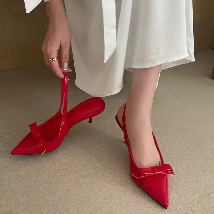 Chaussures à talons bas rouges pour femmes, escarpins confortables à bout pointu avec nœud bordeaux,