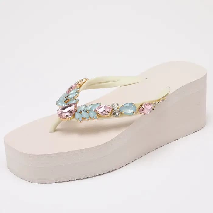 Tongs à talon compensé pour femmes - Sandales plateforme rose blush avec embellissements en cristal 