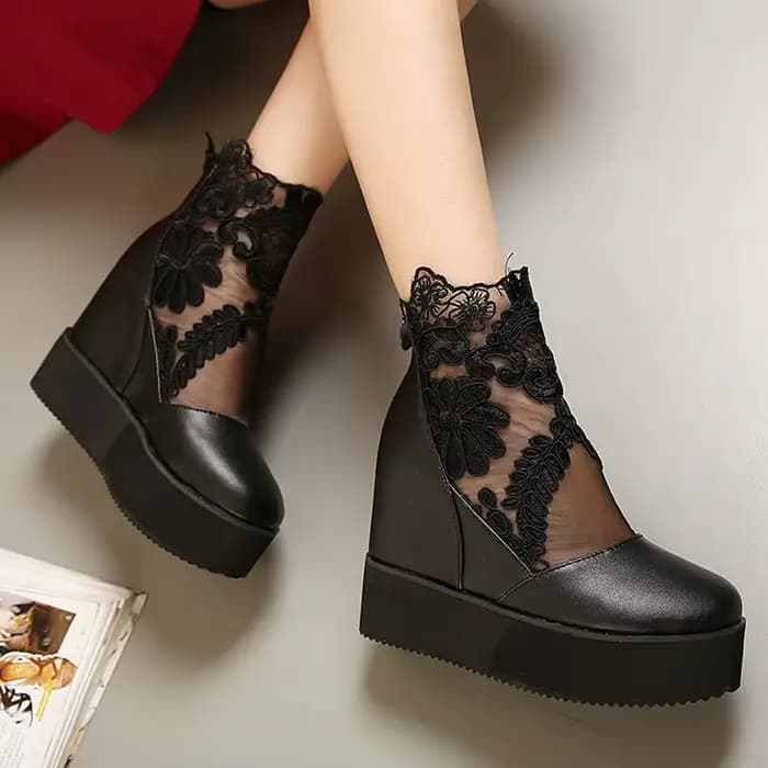 Super talons hauts été dentelle chaussures femme bout rond plate-forme sandales zip ouvert fleur mai