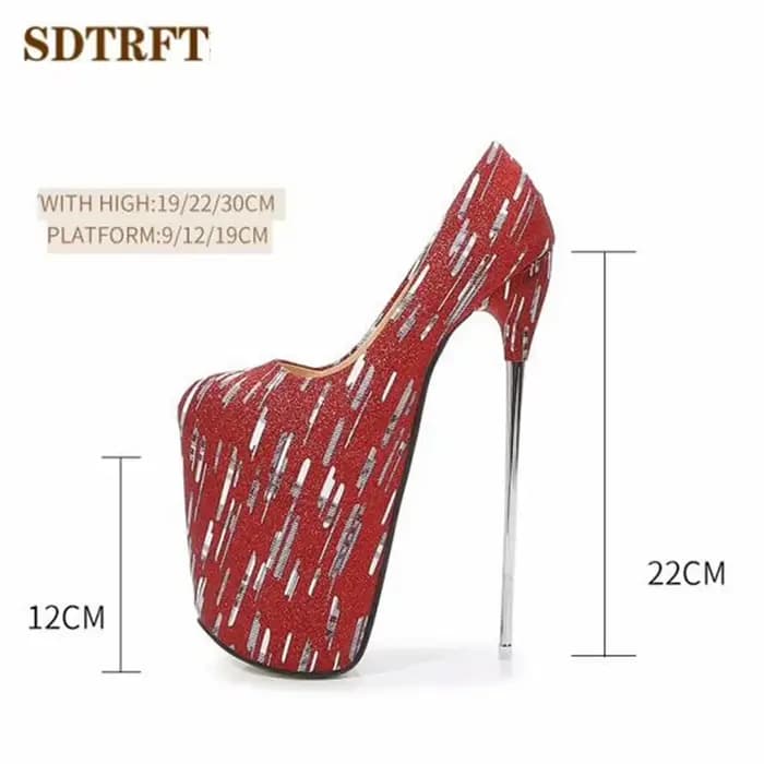 SDTRFT-Escarpins Défilés Dorés et Rouges, Chaussures à Talons Fins en Métal de 20cm, 22cm et 30cm, p
