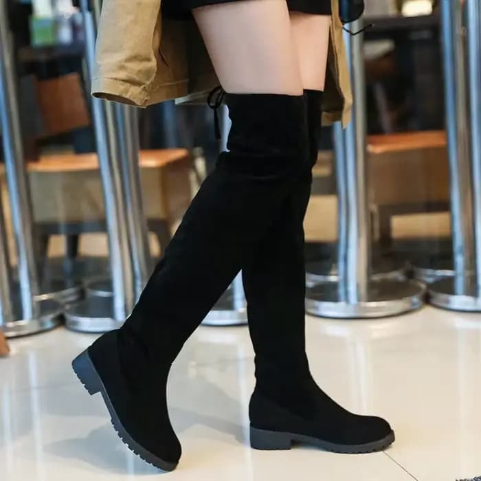 Cuissardes élastiques au genou pour femmes, faux daim, talons pour femmes, tube à lacets, bottes noi