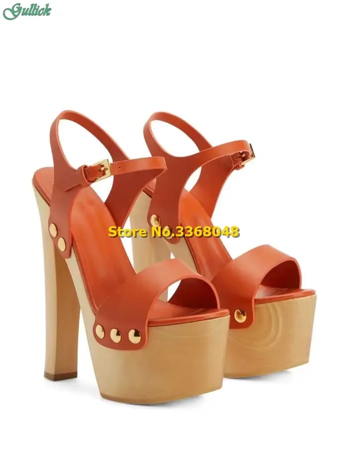 Sandales à plateforme à talons de nuit en bois, avec sangle de rinçage, ouvert, Parker, orange, cuir