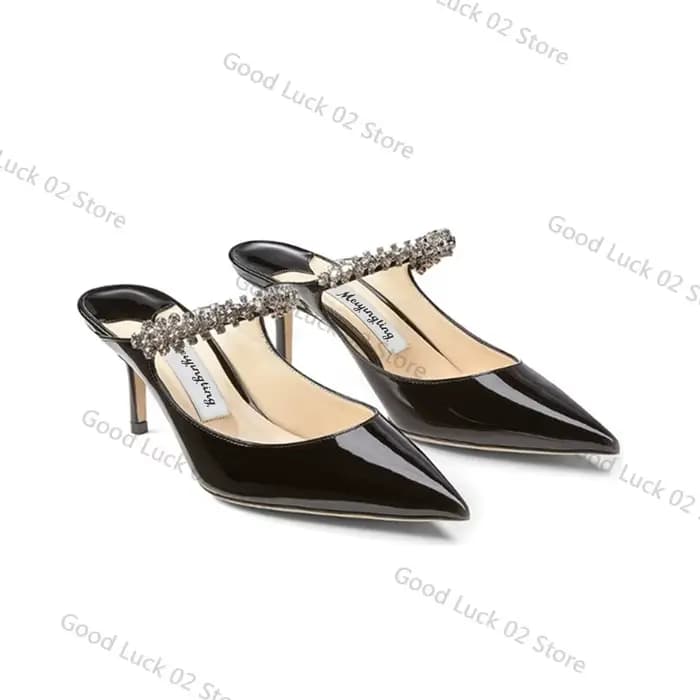 Mules élégantes en cuir à bout pointu, sandales à talons hauts ornées de strass, chaussures de soiré