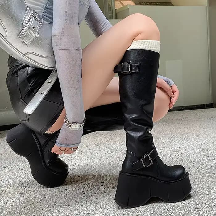 Chaussures pour femmes, bottes classiques à hauteur de genou, avec boucle de ceinture, fermeture écl
