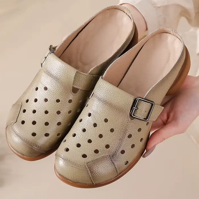 Nouvelles sandales à talons bas en cuir de vache femmes évider mules chaussures femme boucle sangle 