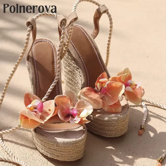 Espadrilles à fleurs pour femmes, sandales à l'offre elles compensées, pour la plage et les vacances