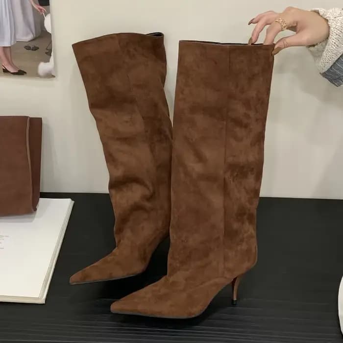 Eilyken mode Vintage talons fins femmes genou bottes hautes mode hiver Sexy bout pointu décapant cha