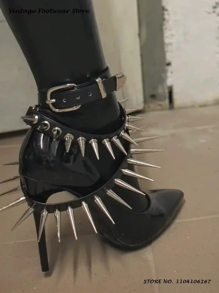 Escarpins noirs à boucle à clous, style punk, à bout pointu et talons fins, chaussures de soirée pou