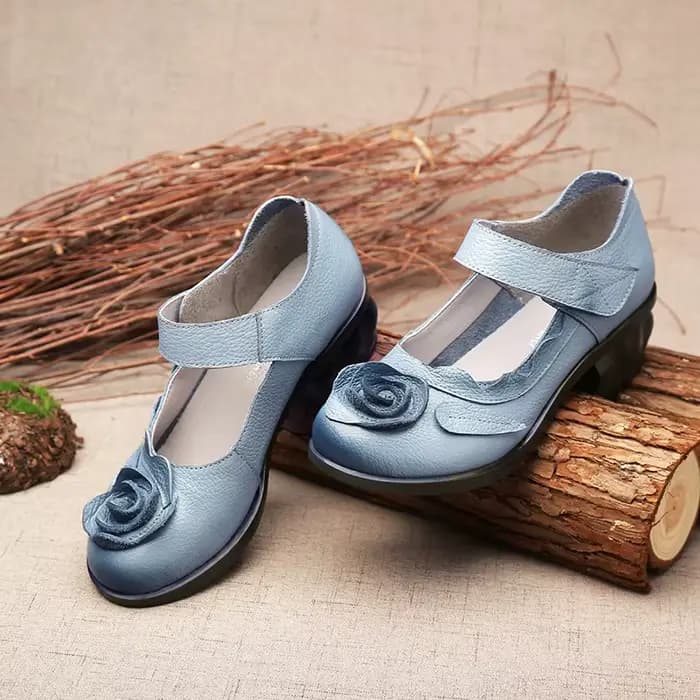 Sandales en cuir de vachette vintage pour femmes, chaussures à essence Mary, talons bas avec fleur, 