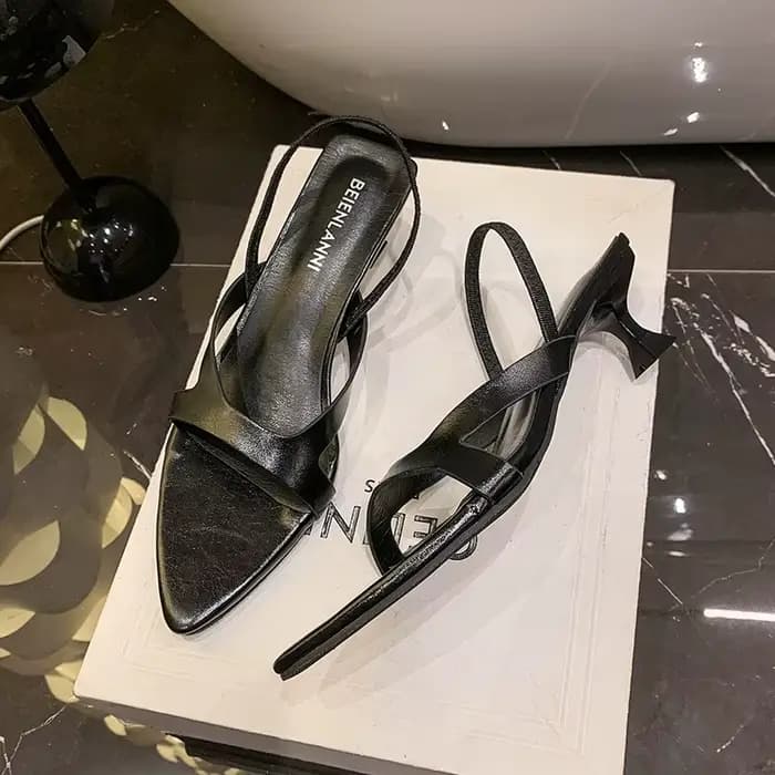 Sandales d'été pour femme à talon chaton, bout pointu, en cuir verni, à brides croisées, style sling