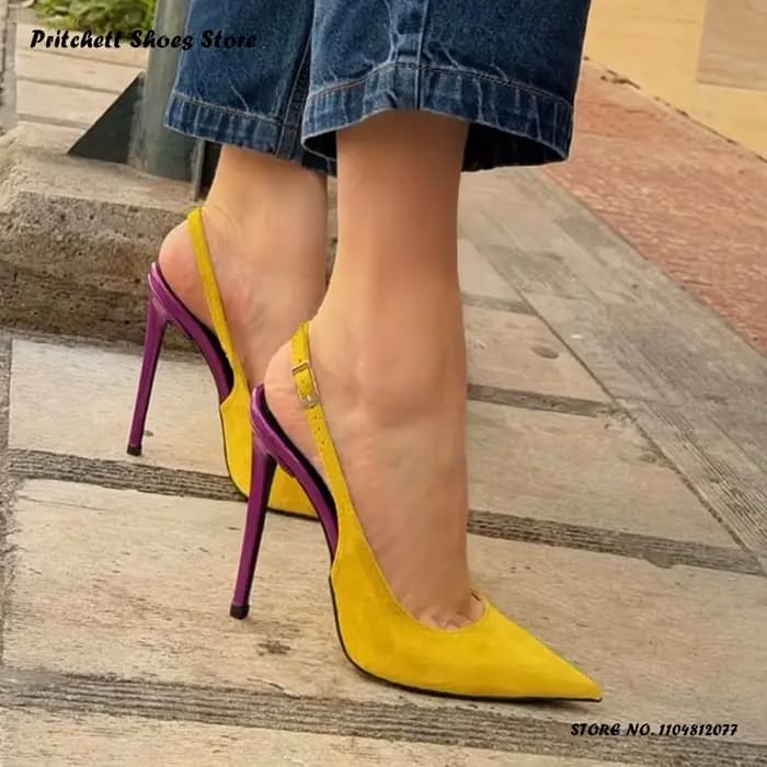 Escarpins Slingback Patchwork pour Femme, Élégants, à Bride Fine et Boucle, en Daim, à Talons Hauts,