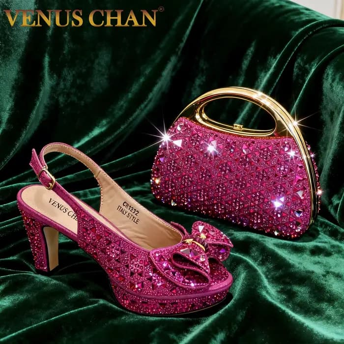 Élégantes sandales italiennes à talons hauts et bout ouvert pour femmes, ornées de strass fuchsia, e