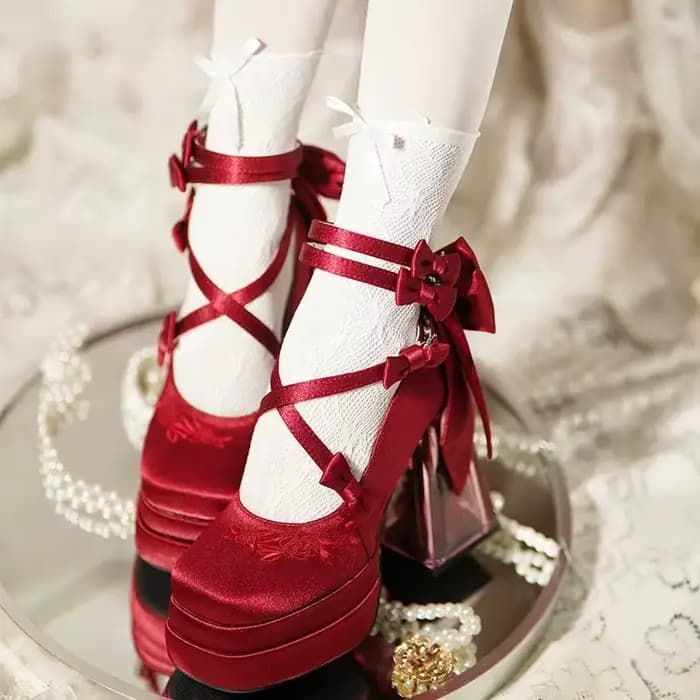 Kawaii 2025 nouveau Original Lolita talons hauts douce fille Satin nœud ruban élégant Mary Jane chau