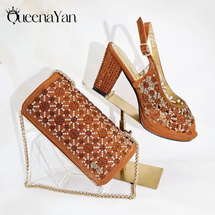 Nouvel ensemble chaussures et sac 2026 au design strass inspiré de l'Afrique, escarpins confortables