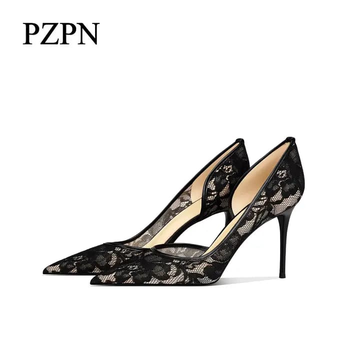 Chaussures à talons hauts noires en dentelle à ouverture latérale pour femmes, nouveau style 2026, b