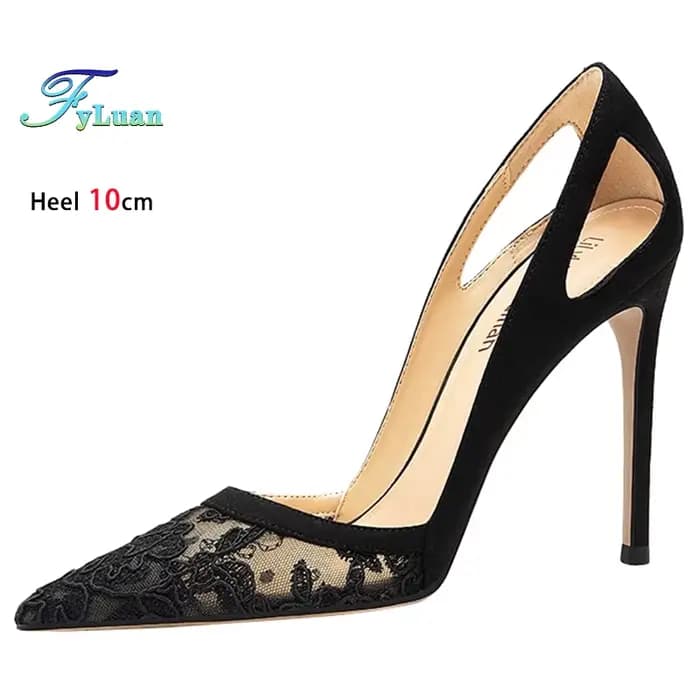 Dentelle maille noir talons hauts 12 cm 10 cm 8 cm chaussures pour femmes talons fins tête pointue d