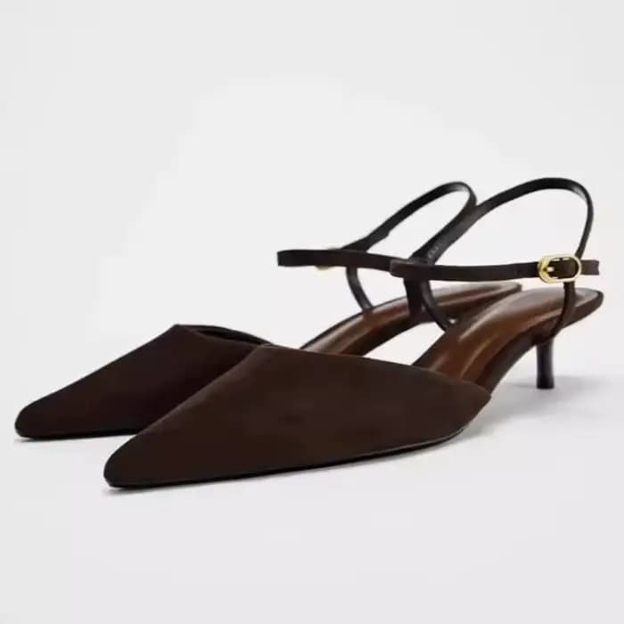 Escarpins marron rétro pour femme, à bout pointu, avec bride de cheville et talon chaton, sandales é