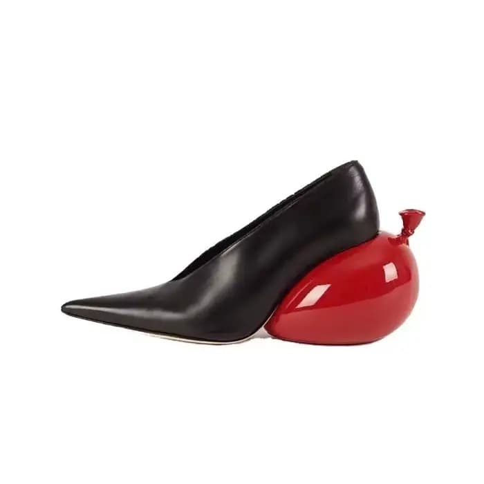Escarpins à bout pointu pour femmes, tige en cuir noir, talon en forme de ballon rouge, Design Uniqu