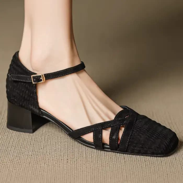 Danxuefei femmes daim naturel cuir bride à la cheville sandales bout carré 4 cm d'épaisseur med talo