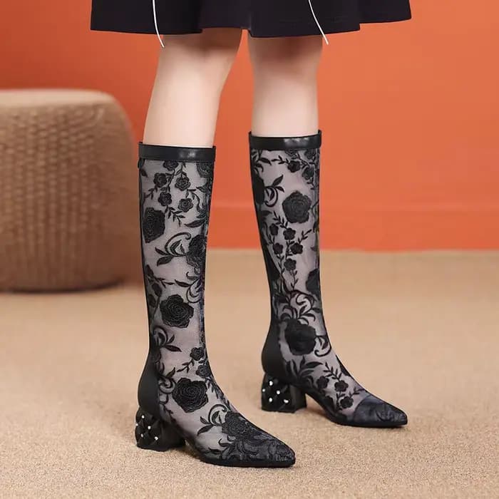 FHC-Bottes Sandales Hautes au Genou pour Femme, Chaussures en Maille, sulfBotas en Dentelle Brodée d