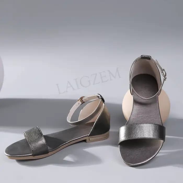 LAIGZEM-Sandales à talons plats en cuir véritable pour femme, chaussures souples d'été pour étudiant
