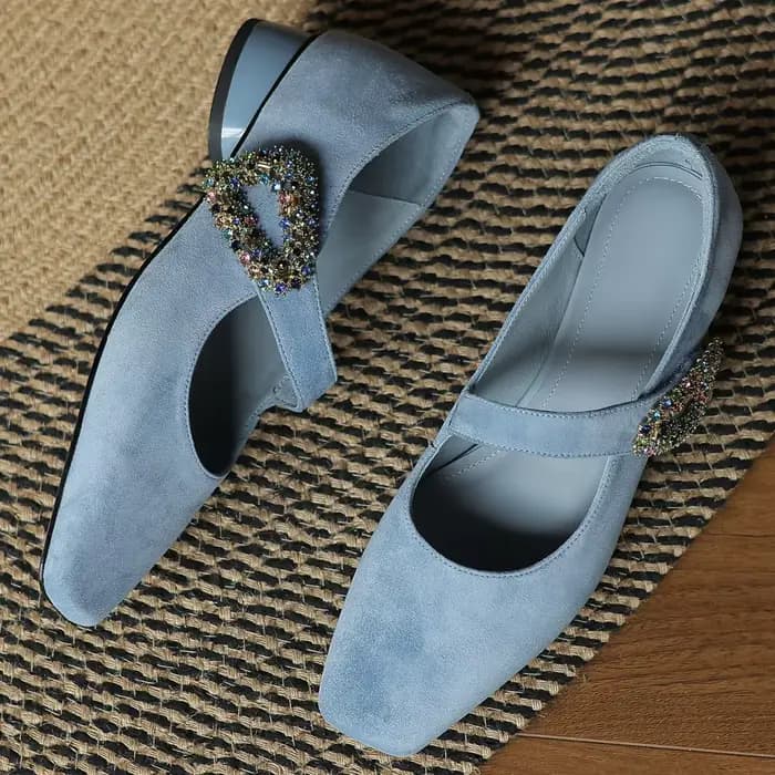 Escarpins Mary Jane à enfiler en cuir suédé naturel pour femmes, boucle en cristal, bout carré, talo