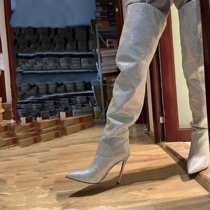 Cuissardes brillantes argentées pour femmes, tout diamant, talon fin, modèle pointu sexy, mode autom