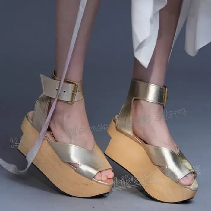 Sandales couleur or plate-forme talon en bois boucle sangle hauteur augmentant mode luxe élégant concis Sexy femmes chaussures bout rond