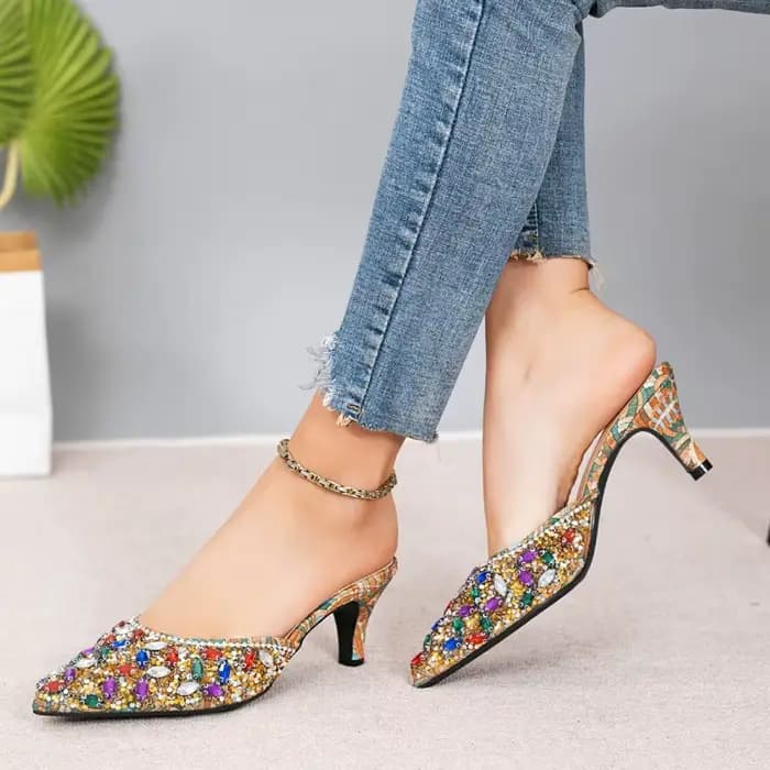 Pantoufles de luxe à talons chaton et strass pour femmes