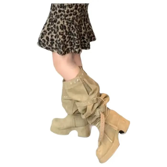 Bottes hautes à talon épais kaki pour femme