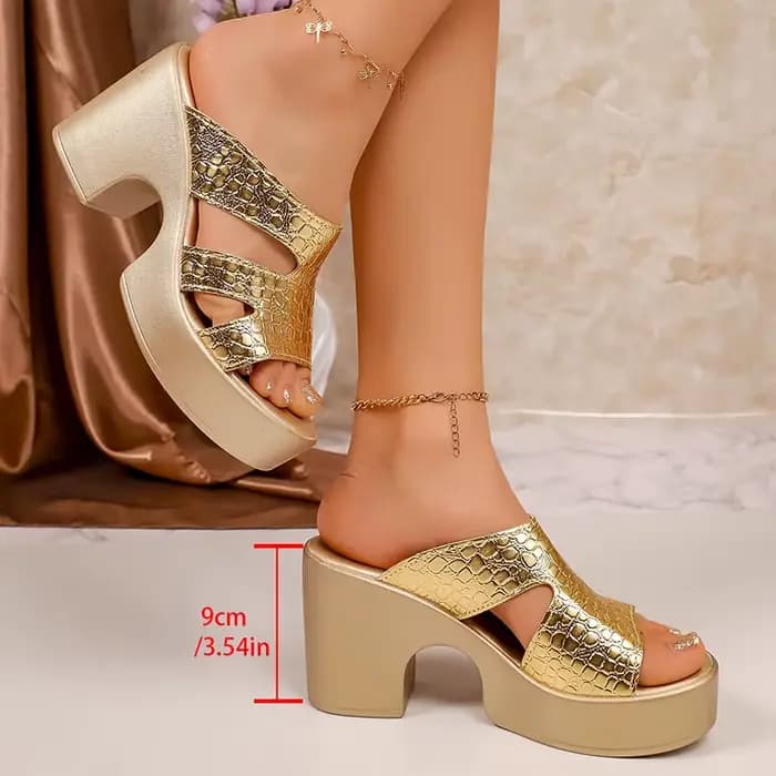 Sandales compensées de luxe pour femme en similicuir croco doré