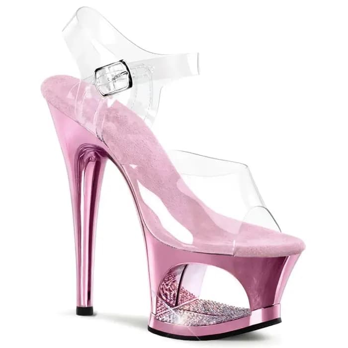 MCLUBGIRL Sandales à talons aiguilles de 17 cm de haut pour femme – Chaussures creuses galvanisées incrustées de