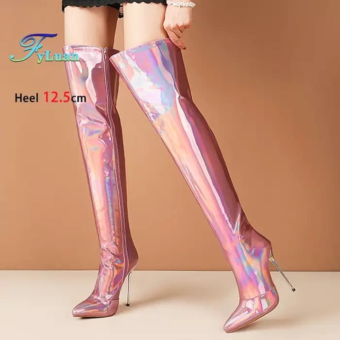 Cuissardes à talons aiguilles holographiques pour femmes