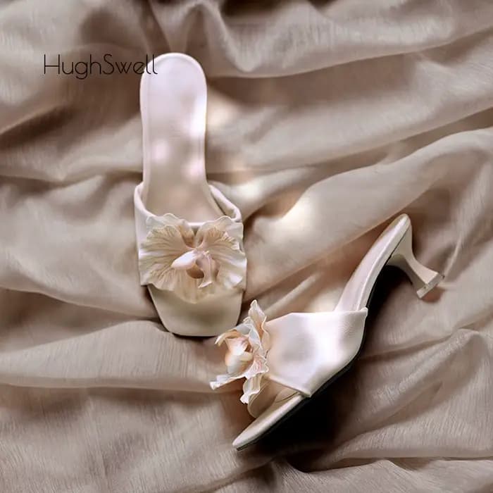 Élégant couleur nue papillon orchidée fleur Stiletto Mule glisser femme marque Design bout carré doux chaton talon pompe florale chaussure