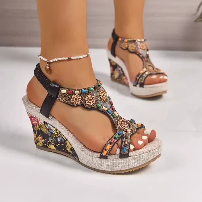 Nouvelles sandales compensées rétro confortables en cuir noir pour femme