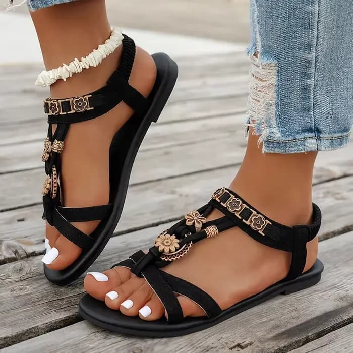 Sandales bohème perlées à fleurs pour femmes été 2025 Style romain
