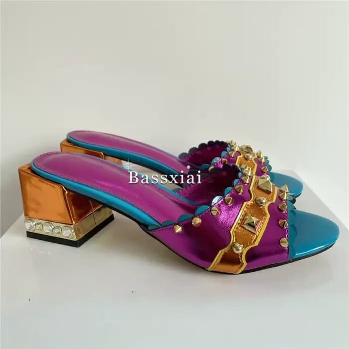 Sandales de Luxe à Rivets et Lanières en T pour Femme, Chaussures à Talon Carré en Clip, en Cuir group, pour Documents Mixtes, de ix, d'Été