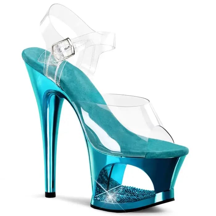 MCLUBGIRL Sandales à talons aiguilles de 17 cm de haut pour femme – Chaussures creuses galvanisées incrustées de