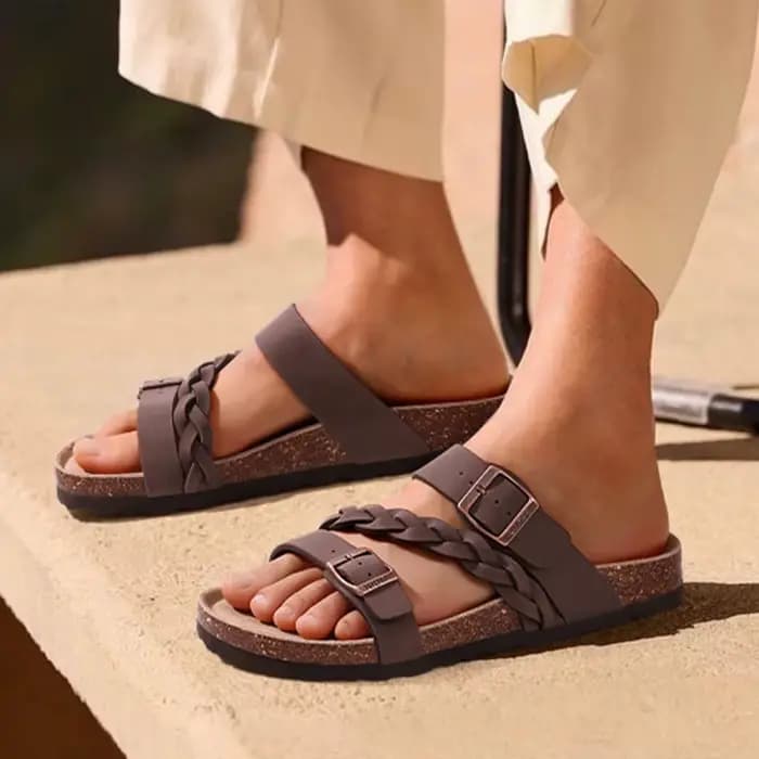 Sandales d'été à semelle en liège pour femmes, avec Support de voûte plantaire, pantoufles de loisirs à enfiler avec boucle réglable