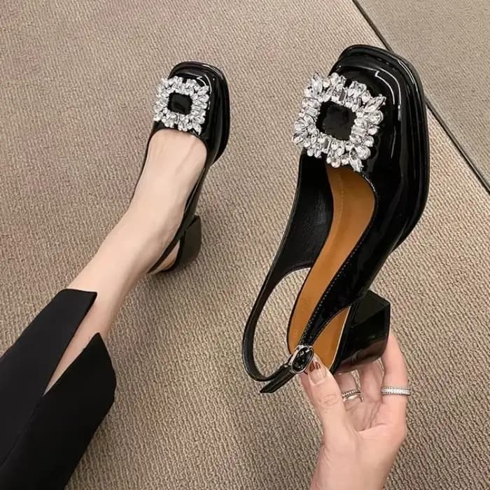 Baotou-Sandales d'Été à Tête Carrée pour Femme, Nouvelles Sandales Françaises Rétro, Diamant d'Eau, ConstruBack Hollow Optics Heel Sandals Large 42